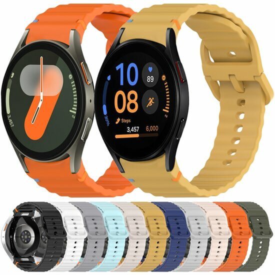 Twee smartwatches met oranje en gele sportbanden. Daaronder een rij van tien gekleurde sportbanden.