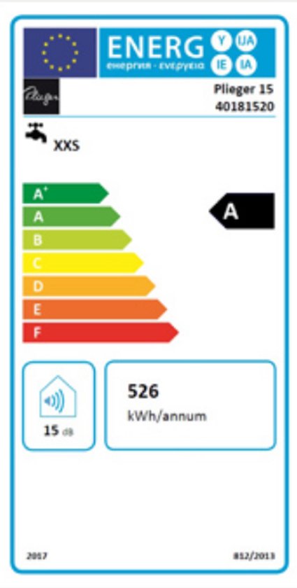 Energie-etiket voor Plieger 15 boiler met energielabel A en geluidsniveau 15 dB.