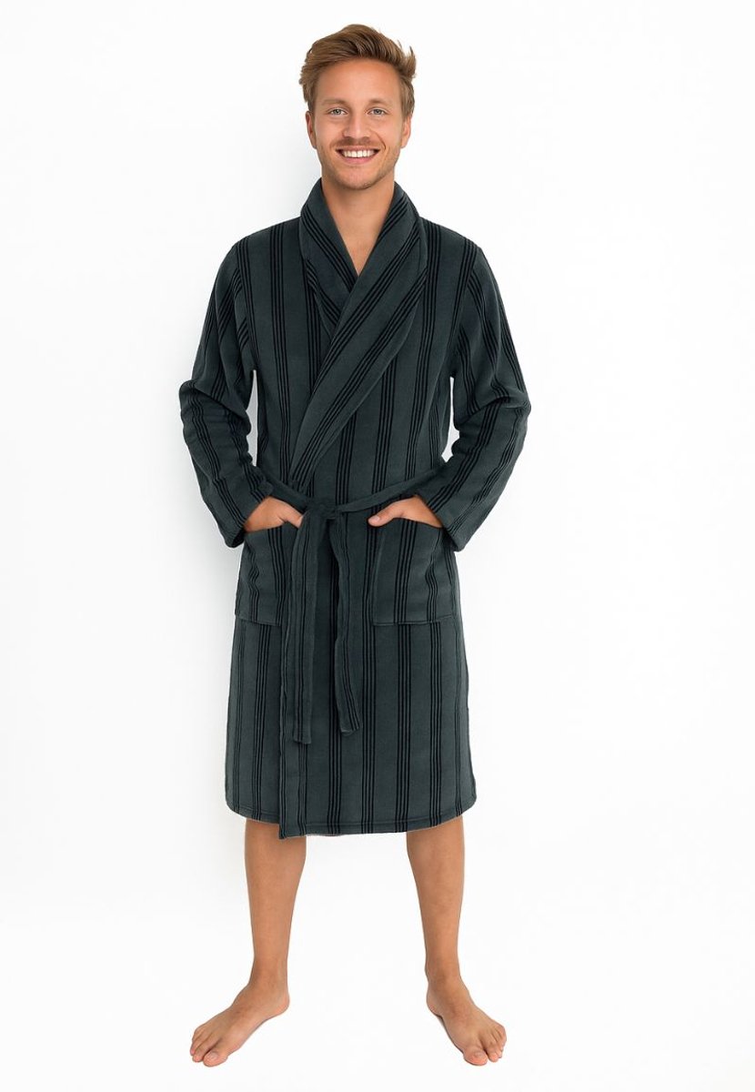 Heren Fleece Badjas – Groen badjas heren voorzien van blauwe strepen – Zachte Ochtendjas – Sjaalkraag - maat M