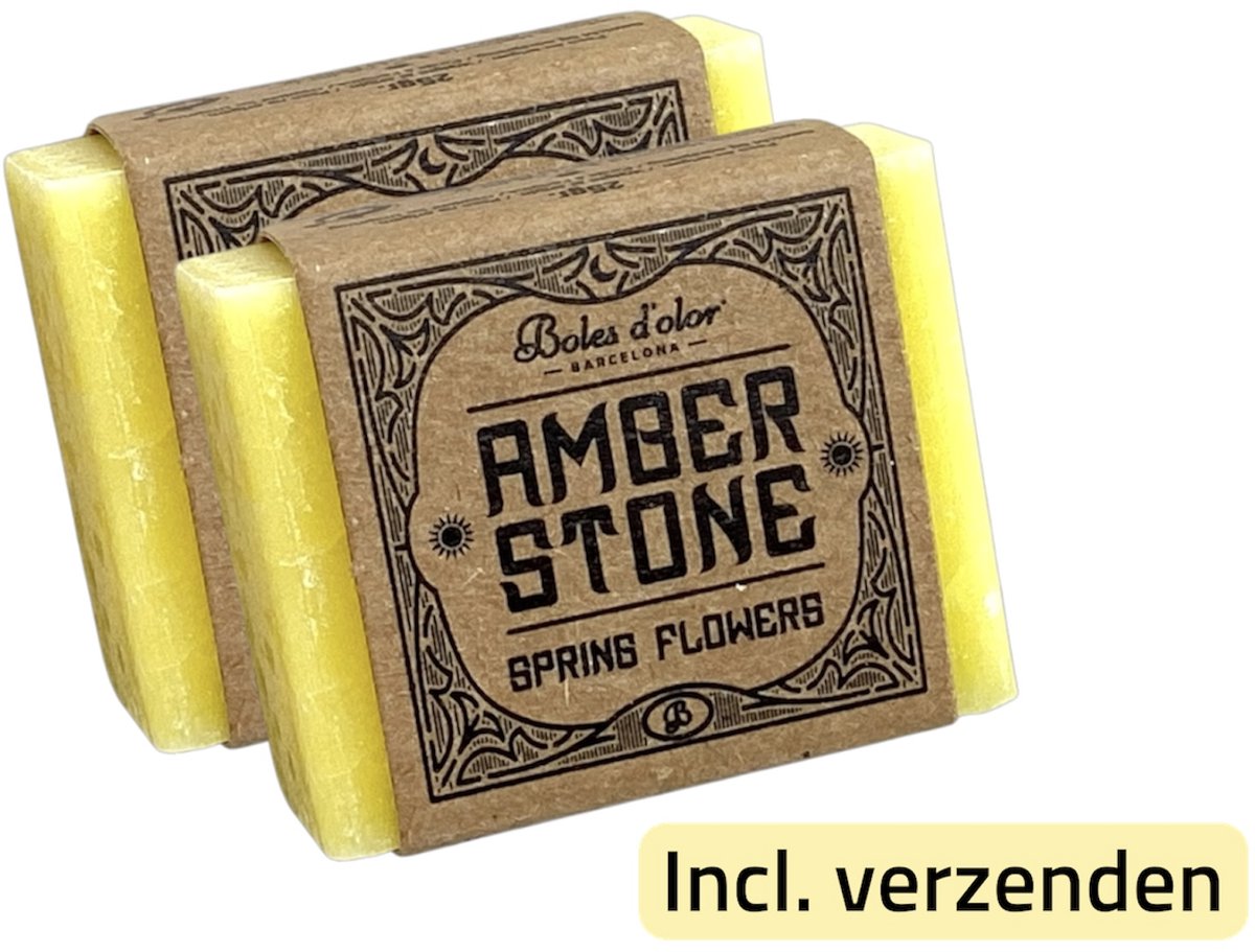 Amberblokjes 2x 'Boles d'olor Spring Flowers' - Incl. verzenden - Geel - Lentebloemen - Amber stone blokjes - Geurblokje - Geurverfrisser - Luchtverfrisser - Huisparfum - Parfum - Fris - Wc - Toilet - Kleding - Kast - Lade - Brander - Ontspanning