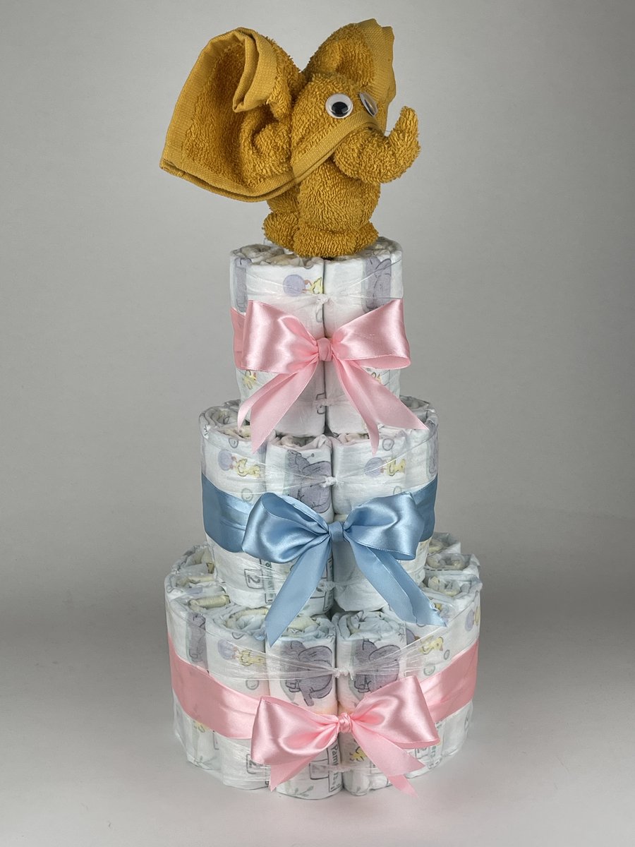 Chouette-Chouette | Luiertaart Neutraal | Kraamcadeau | Geboorte Jongen Meisje | Babyshower | Olifant Oker - Roze - Blauw