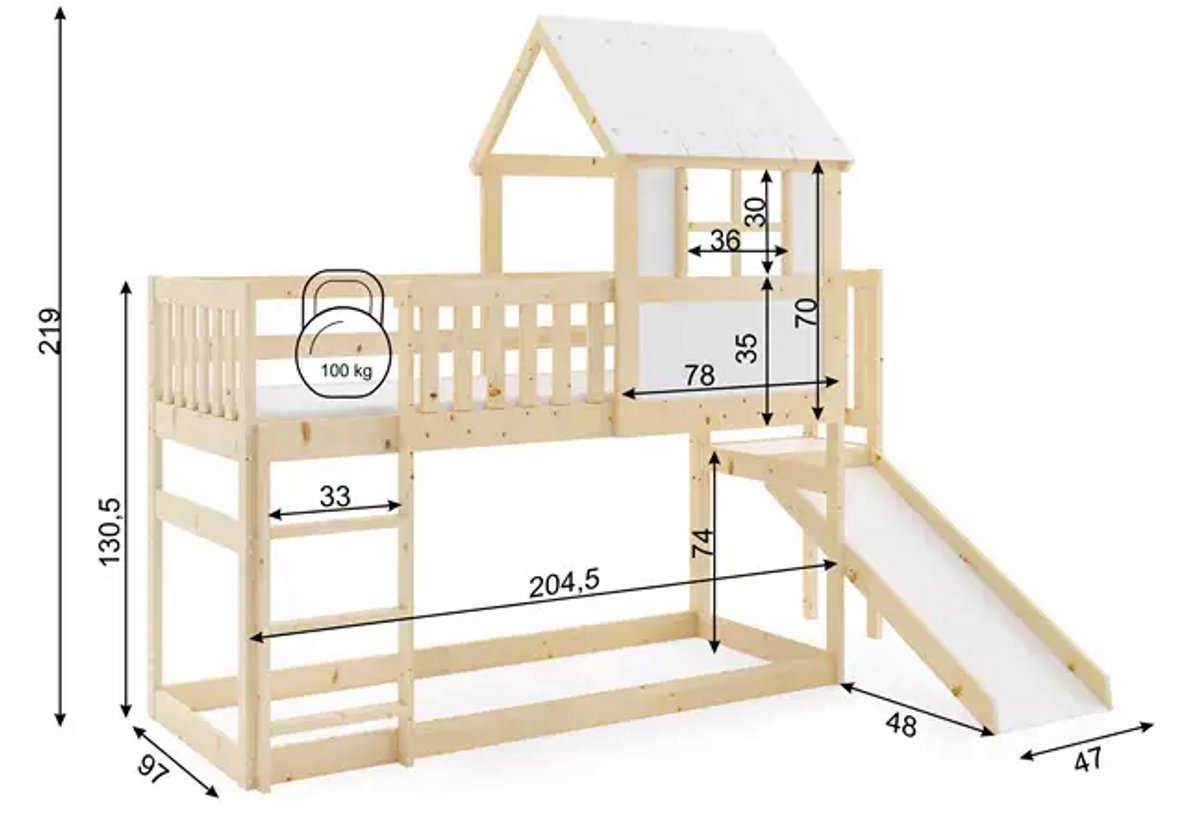 BMS - Bunk Bed - Natural Wood 90x200 with Slide & Mattress