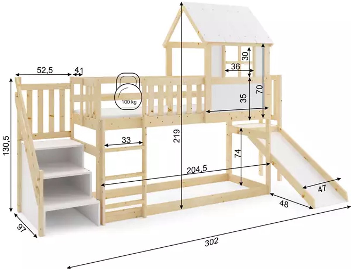 BMS - Bunk Bed House - 90x200 cm - Natuurlijk Hout - Met Glijbaan en Dak