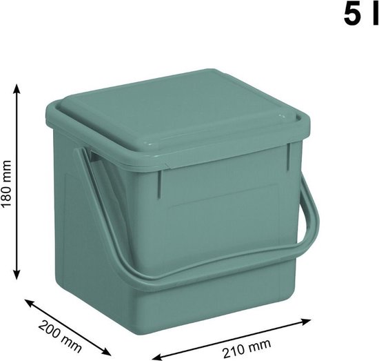 Groene GFT-bak van 5 liter met gesloten deksel en handvat. Afmetingen 21x20x18 cm.