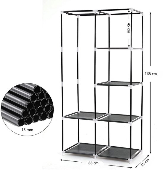 Zwarte metalen frame kledingkast zonder stof, 88x170x45 cm, met afmetingen.