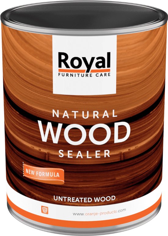 Blik Royal Furniture Care Natural Wood Sealer, met houtnerfpatroon. Nieuwe formule voor onbehandeld hout.