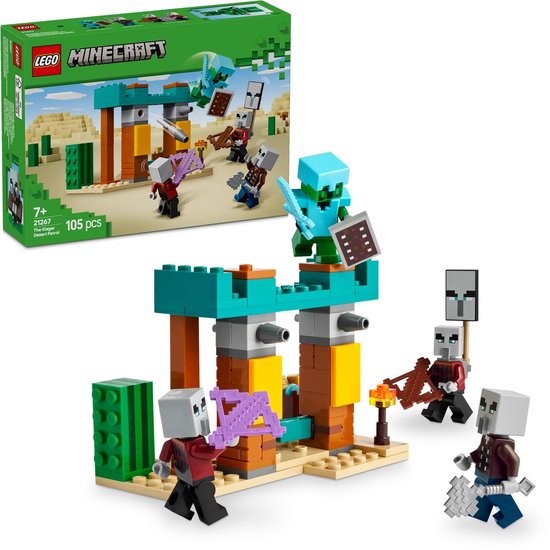 De LEGO Minecraft 'De Illager Woestijnpatrouille' set met 105 onderdelen, inclusief figuurtjes en een woestijnstructuur.