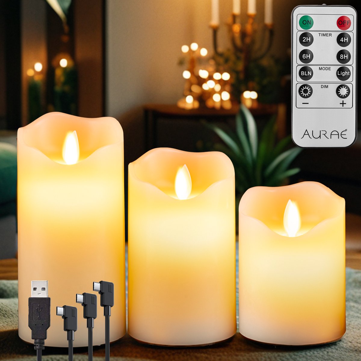 Aurae Oplaadbare Led Kaarsen met Bewegende Vlam - 3x - Echte Wax - 35+ Branduren - Afstandsbediening - Flikkerende Vlam - Oplaadbaar - Timer - Kerst Kaarsen