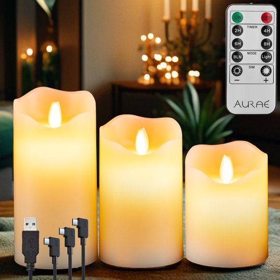 Aurae Oplaadbare Led Kaarsen met Bewegende Vlam - 3x - Echte Wax - 35+ Branduren - Afstandsbediening - Flikkerende Vlam - Oplaadbaar - Timer