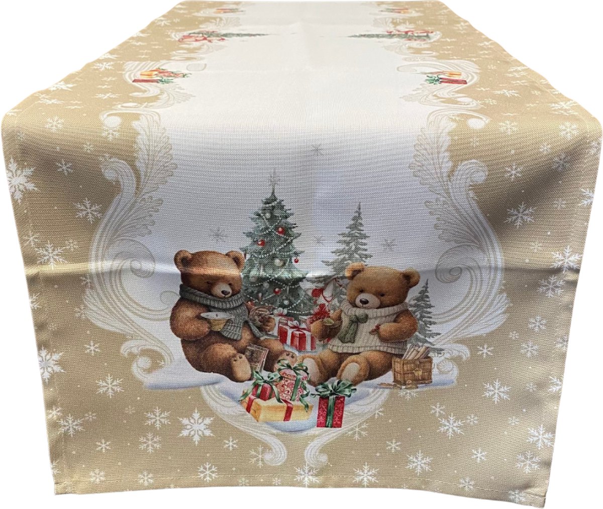Tafelloper - Kerst - Bedrukt - Teddyberen met kleurrijke cadeautjes - 40 x 140 cm