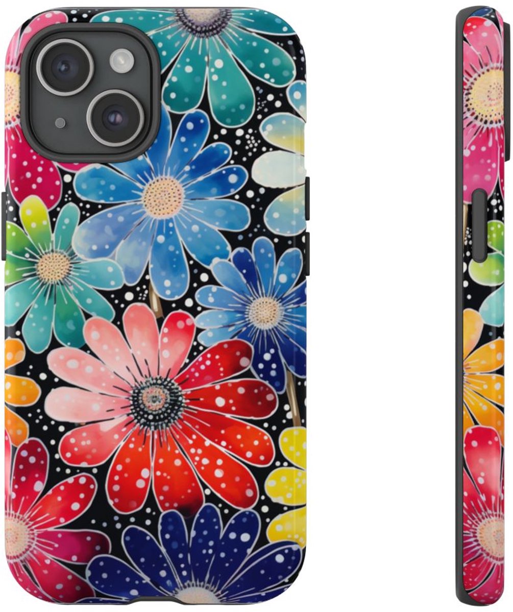 Vrolijk Bloemenpatroon met Gekleurde Stippen – Telefoonhoesje Geschikt voor iPhone 15