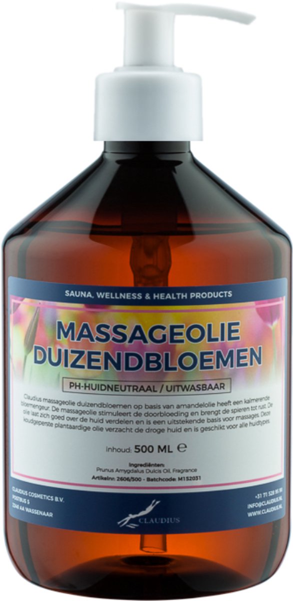 Massageolie Duizendbloemen 500 ml met witte pomp - 100% natuurlijk - biologisch en koud geperst
