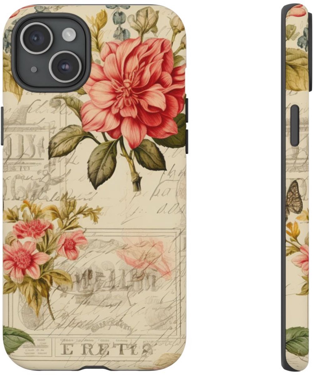 Vintage Bloemenpatroon met Vlinders – Telefoonhoesje Geschikt voor iPhone 15 Plus