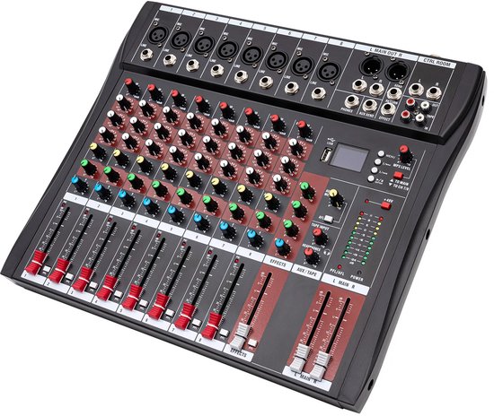 Zwart met rode en groene accenten, 8-kanaals audiomixer met schuifregelaars en knoppen, op een witte achtergrond.