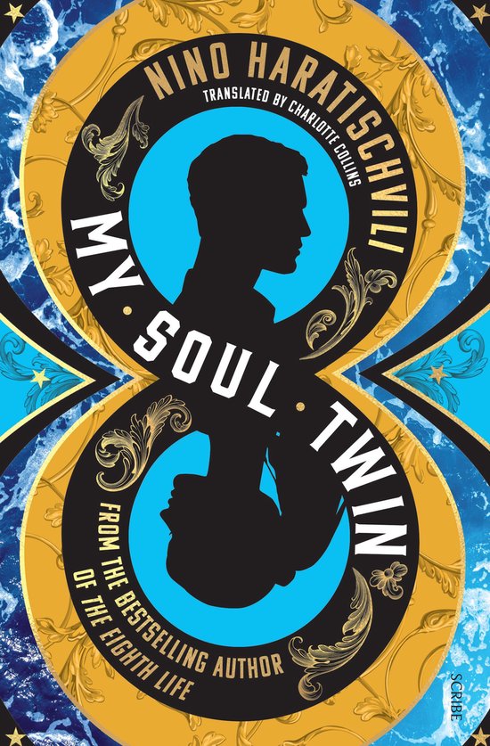 Boekomslag met de titel 'My Soul Twin' in gouden letters, en twee zwarte silhouetten van profielen.