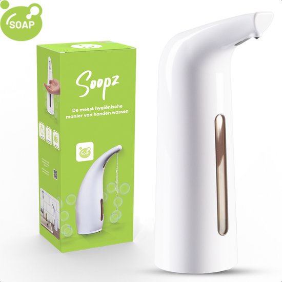 Witte automatische zeepdispenser naast de groene verpakking met merknaam 'Soopz'.