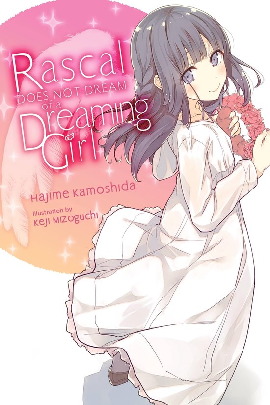 Jong anime-meisje met grijs haar, gevlochten, draagt witte jurk, houdt bloemenslinger vast. Titel: Rascal Does Not Dream of a Dreaming Girl.