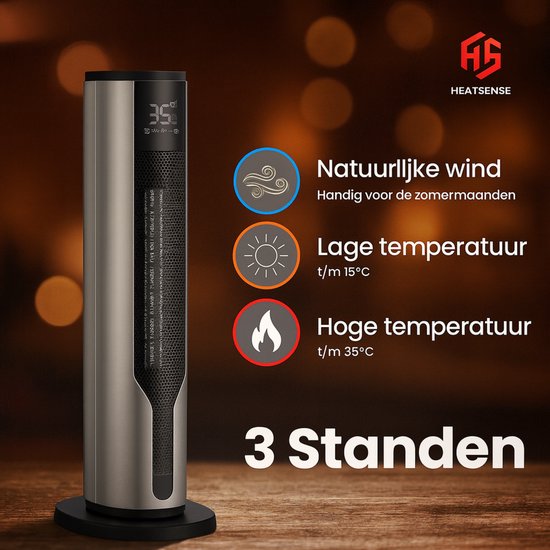HeatSense® Elektrische Kachel en Ventilator - 2-in-1 Heater - 2000W Ventilatorkachel - Verstelbare Temperatuur - Electrische Keramische Kachel met Stoffilter - Winter en Zomer - Platina Grijs