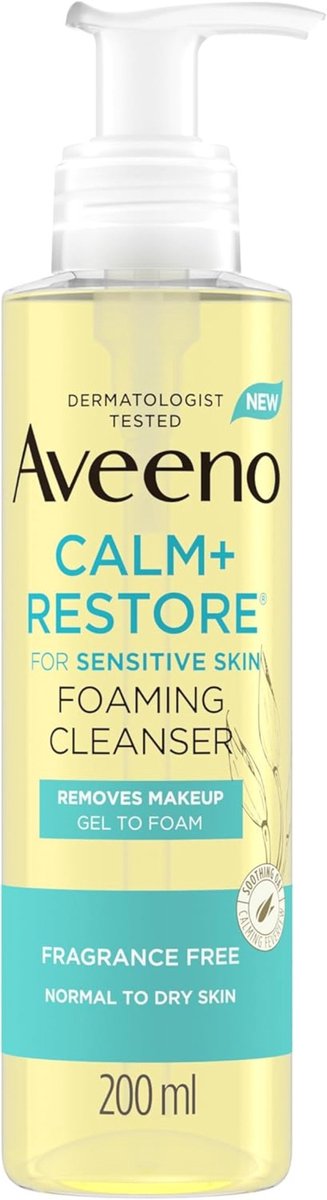 Aveeno Face CALM+RESTORE Foaming Cleanser | Removes Makeup + Waterproof Mascara | Gezichtschuimreiniger voor de Gevoelige Huid, Zonder Parfum, 200ml