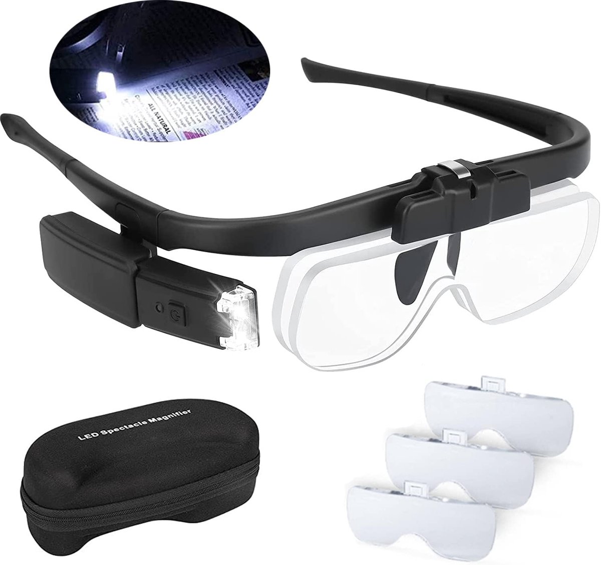 Vergrootglas, verlicht, LED, 2 lampen, vergrootglas met hoofdband, voor nauwkeurig lezen, werk, horlogemakers, slechtzienden, USB, oplaadbaar, vergroting, vervangbaar, 1,5x, 2x, 2,5x