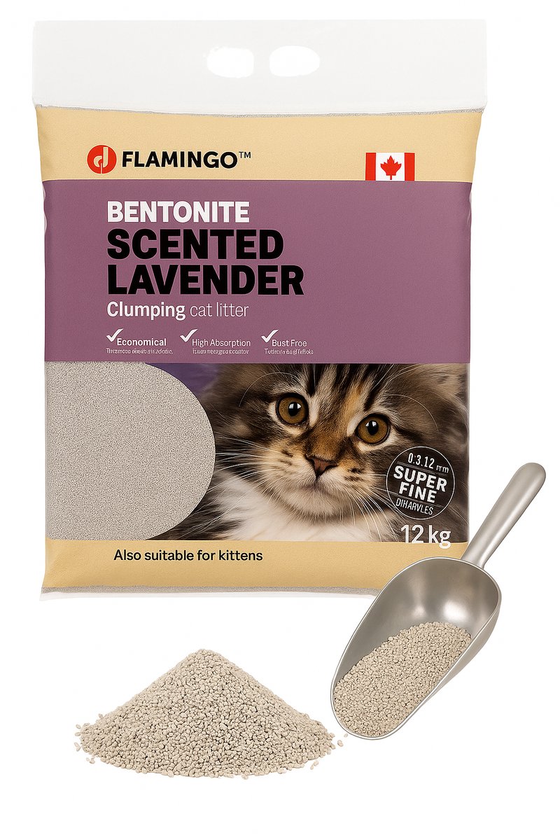 Flamingo Kattenbakvulling – klontvormende kattenbakvulling – Lavendelgeur – 12L (12KG) voor 10 weken – Premium Line – fijne bentonietkorrels – geurabsorberend & stofarm – ook geschikt voor kittens