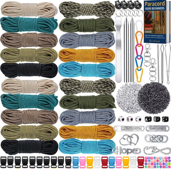 Grote set met diverse kleuren paracord, naaldenset, karabijnhaken, gespen, kralen en bedels.