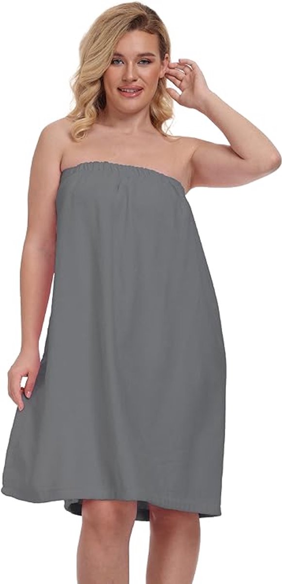 Badstof badjas voor dames, 100% katoen, saunakilt, saunahanddoek met praktische snelsluiting, klittenbandsluiting - grijs