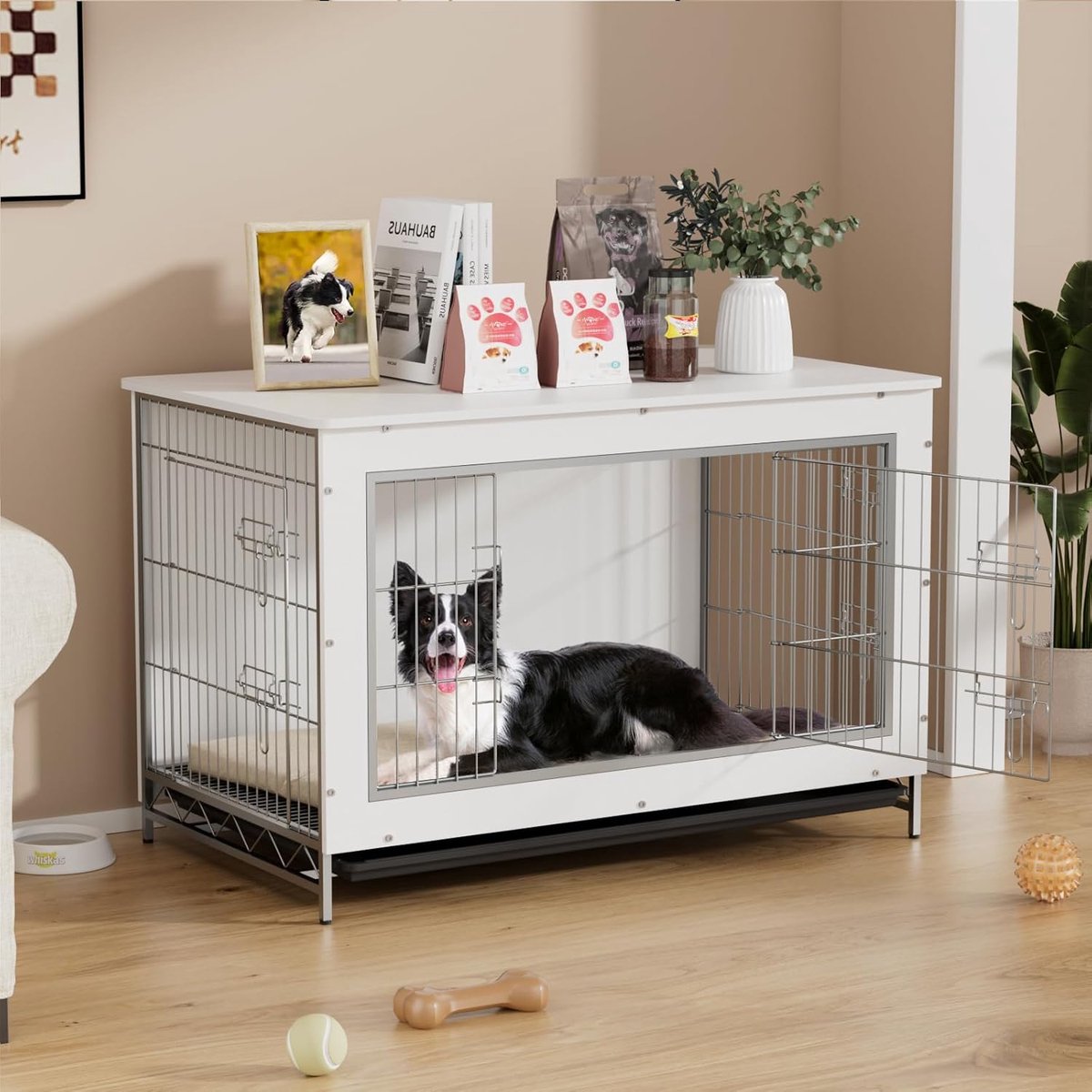 Houten hondenkooi voor thuis – Modern design met 3 deuren, bijzettafelfunctie, geschikt voor honden tot 30 kg, 98×60×65 cm