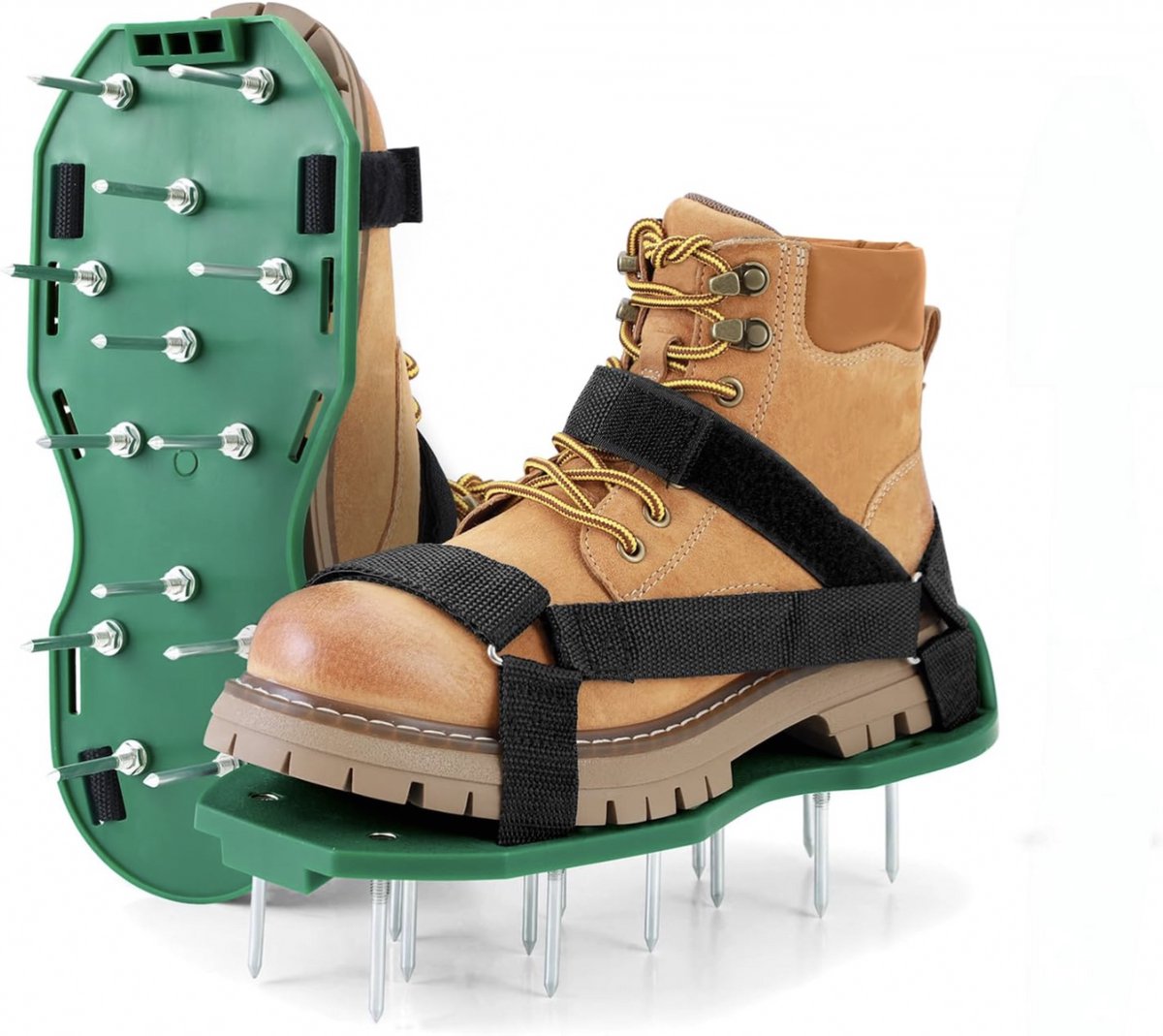Tuinschoenen - Gazonpennen - Automatische terugvering - Gazonbeluchter - Tuinschoenen met spikes - Telescopische veer - Dubbele slagschoen met verstelbare band - Tuingereedschap - Voor gazononderhoud - Groen