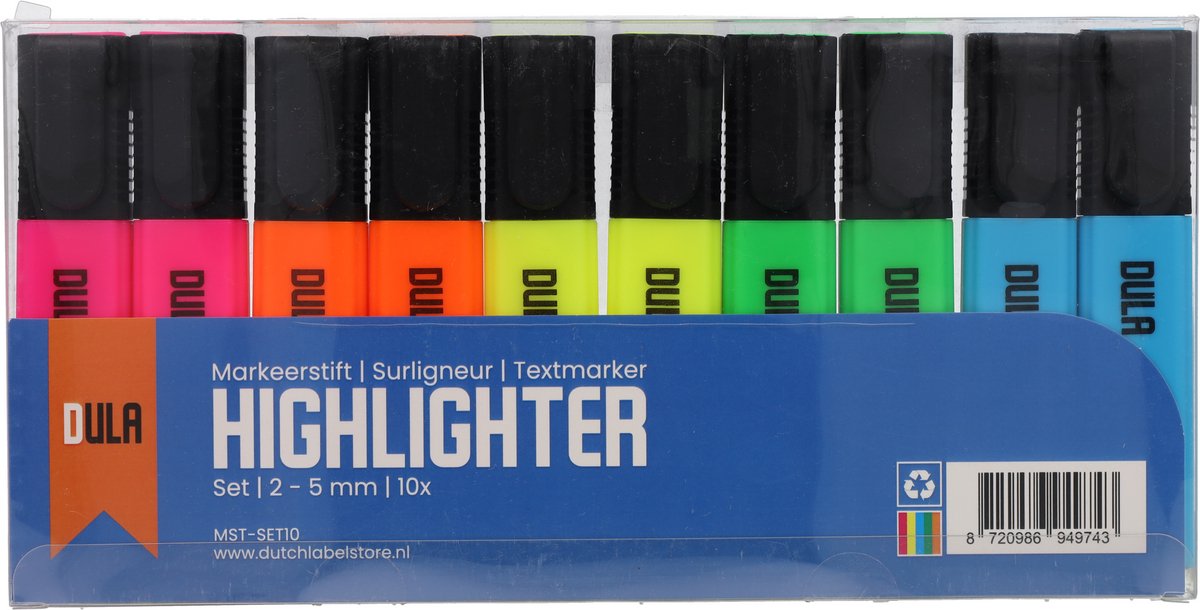 Markeerstiften gekleurd - Markeerstift - Fluostiften - Markeren - 2 x 5 kleuren - Set van 10 stiften - DULA