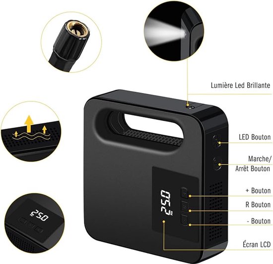 Draagbare autoluchtcompressor met opblaasbaar wiel, LCD-digitaal scherm en LED-licht, vooraf ingestelde druk, automatische stop (zwart) — afbeelding 2