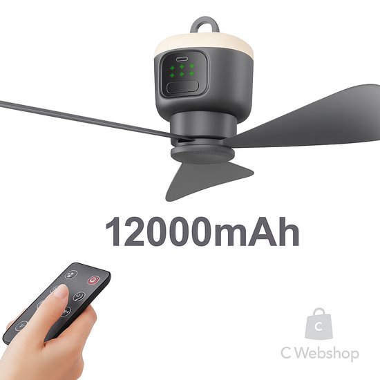 Draagbare ventilator 12000mAh met LED licht, 3 snelheden, afstandsbediening, tentventilator, compact, stil