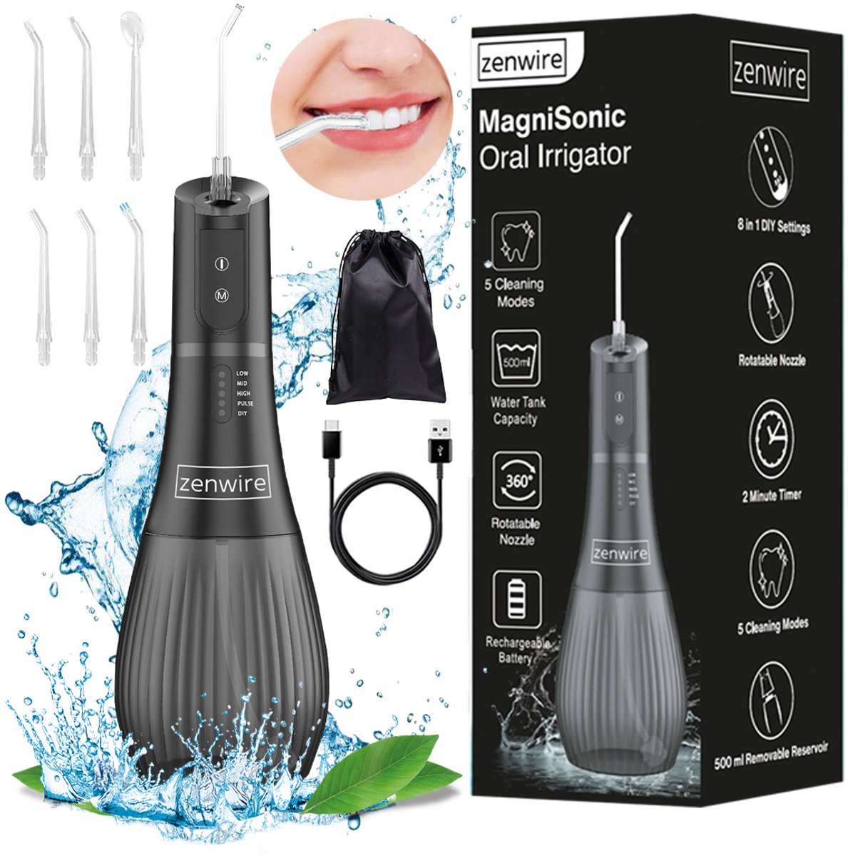 Zenwire WF238 - Waterflosser Elektrisch - Flosapparaten - Monddouche 500ml - Tanden & Beugels reinigen - Waterflosser draadloos - 6 verwisselbare opzetstukken