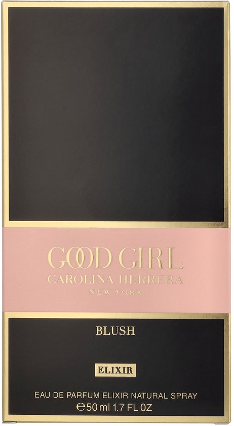 Zwarte parfumdoos met gouden rand, roze band en 'Good Girl Blush Elixir' tekst.