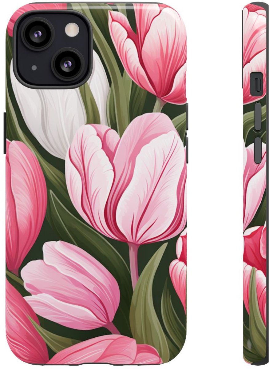 Roze en Witte Tulp Bloemenpatroon – Telefoonhoesje Geschikt voor iPhone 13