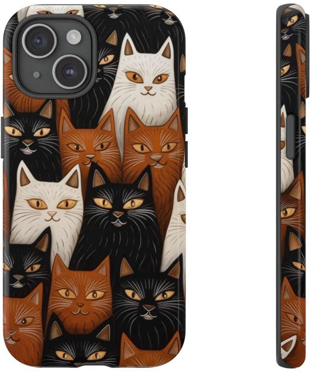 Zwart-Bruin-Wit Kattenpatroon – Glanzend Stevig Hoesje Geschikt voor iPhone 15