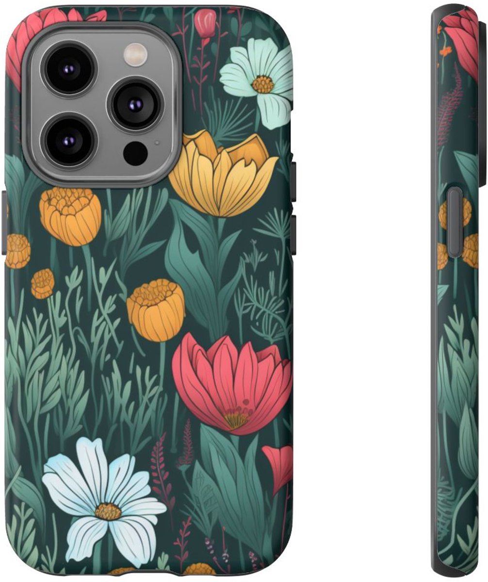Handgetekend Bloemenweidepatroon – Telefoonhoesje Geschikt voor iPhone 14 Pro