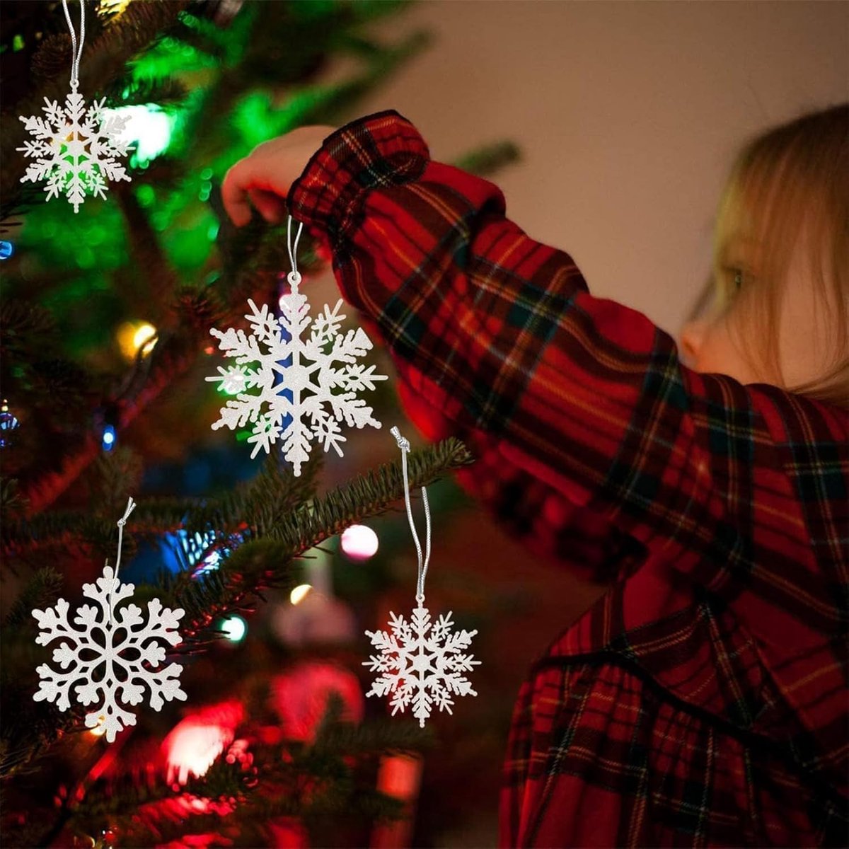 Sneeuwvlokken - Kerstboomversiering - Sneeuwvlokversiering voor in de boom - Plastic glitter witte sneeuwvlokversiering - Kerstdecoratie voor binnen in winterwonderland - 36 stuks - wit – foto 2