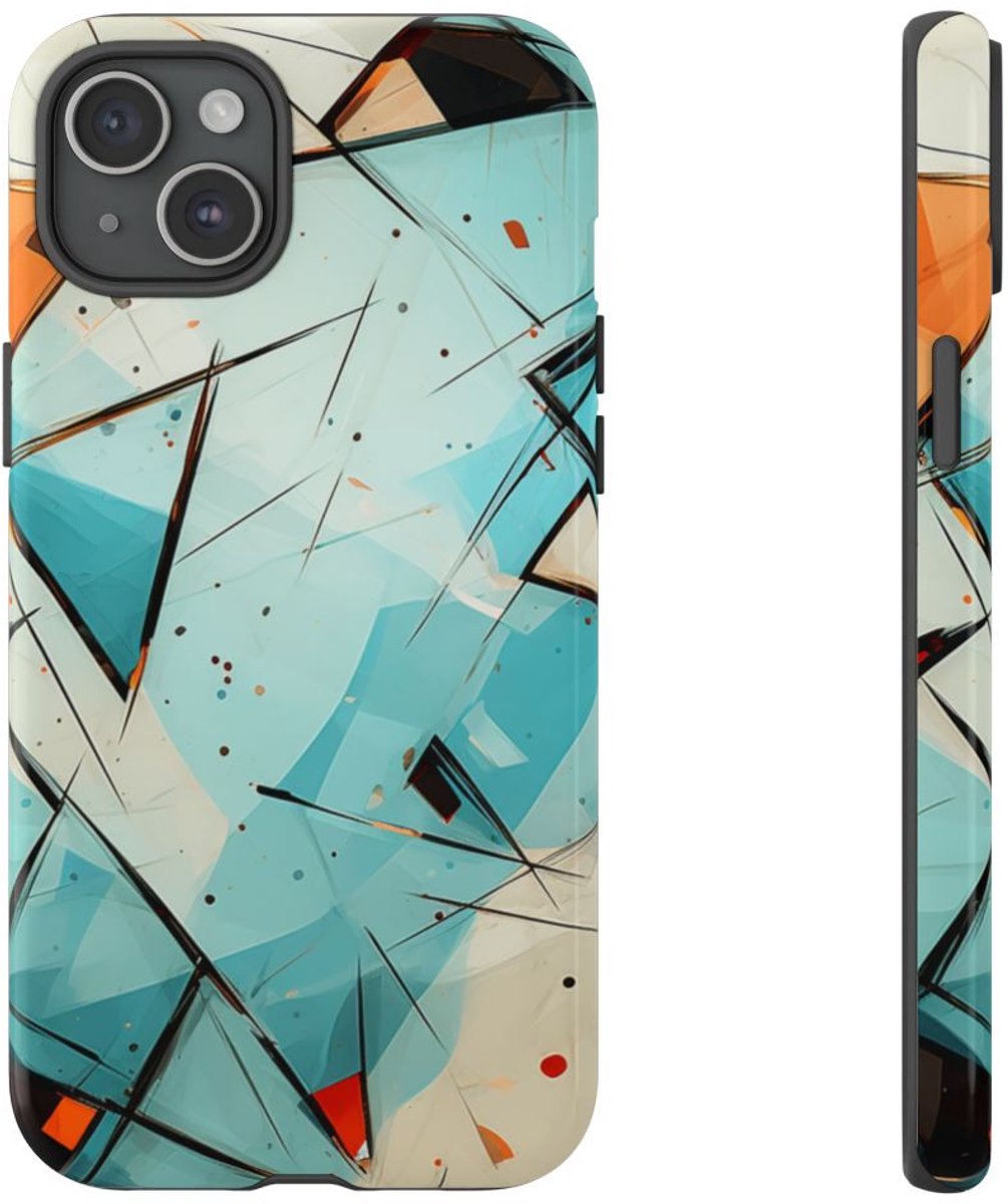 Blauw-Oranje Geometrische Abstracte Kunst – Telefoonhoesje Geschikt voor iPhone 15 Plus