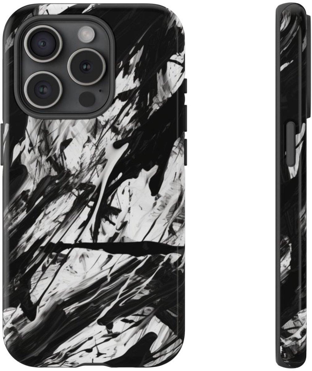 Zwart-Witte Abstracte Penseelstreken – Telefoonhoesje Geschikt voor iPhone 15 Pro