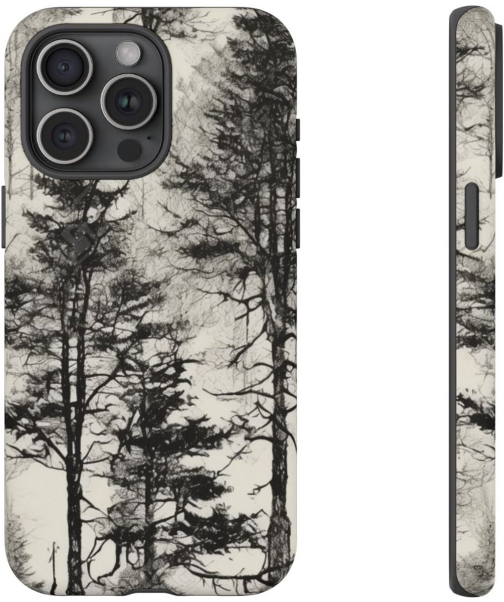 Zwart-Wit Boompatroon – Telefoonhoesje Geschikt voor iPhone 15 Pro Max