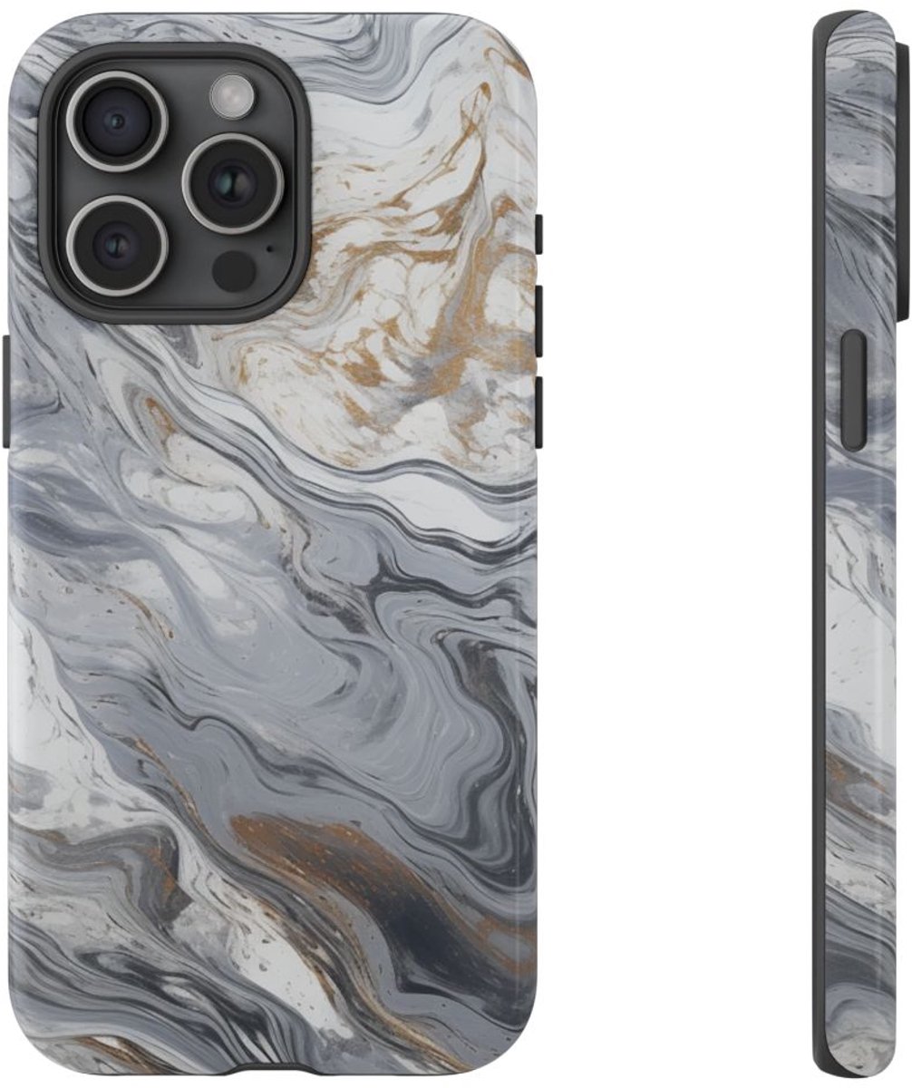 Grijze en Gouden Marmerwerveling – Telefoonhoesje Geschikt voor iPhone 15 Pro Max