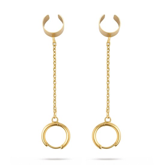 Gouden oorclips met lange kettingen en ringen aan het uiteinde.
