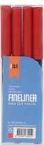 Verpakking van vier rode DULA Fineliner pennen. De verpakking toont 'FINELINER Rood | 0.4 mm | 4x'.