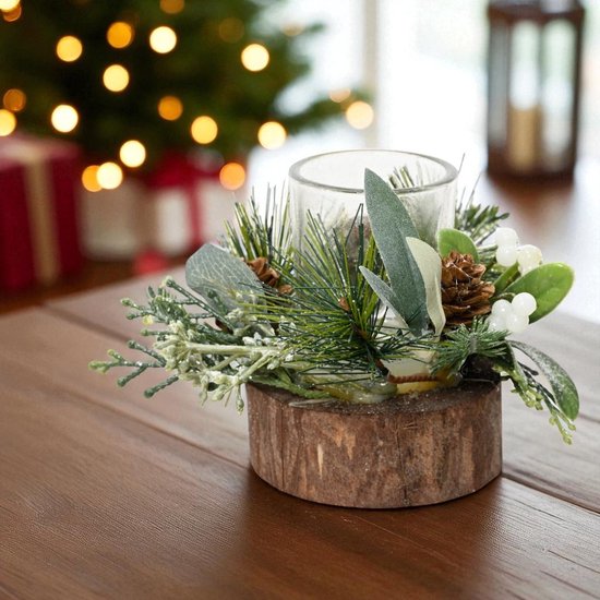 Decoris Theelichthouder glas in houten standaard met kerststukje groen/wit H14 cm