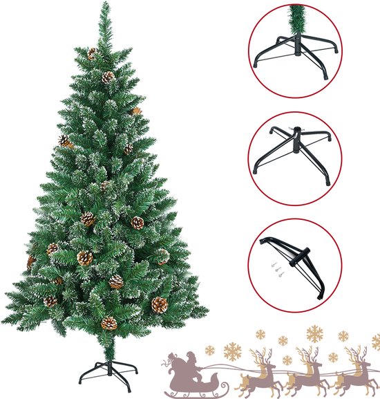 150cm Kunstkerstboom met lichtgevende groene PVC met sneeuweffect & dennenappels LED PVC kerstboom dennenboom decoratieve boom met standaard Kerstversiering voor kerstversiering