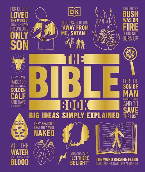 Gouden tekst op paars achtergrond: "THE BIBLE BOOK - BIG IDEAS SIMPLY EXPLAINED", met illustraties.