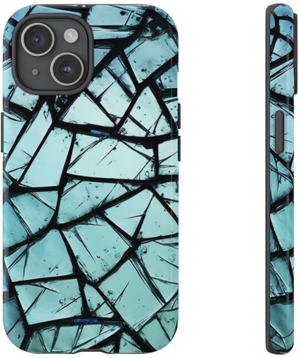 Blauw Gebroken Glaspatroon – Telefoonhoesje Geschikt voor iPhone 15