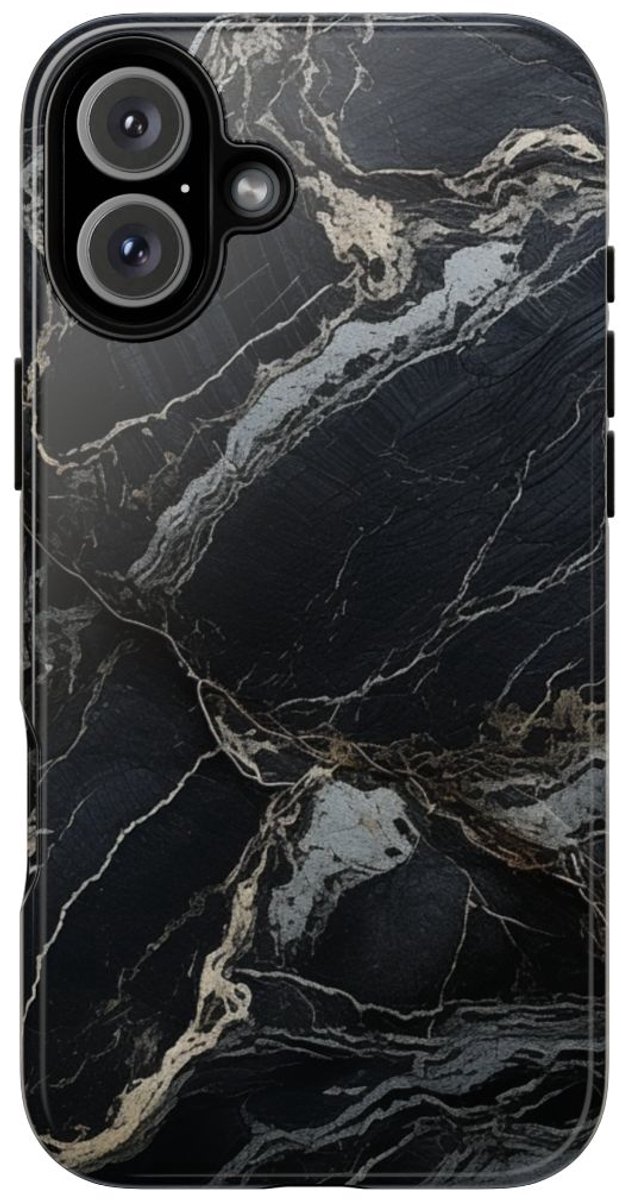 Zwarte Marmerstructuur met Witte Adering – Telefoonhoesje Geschikt voor iPhone 16 Plus
