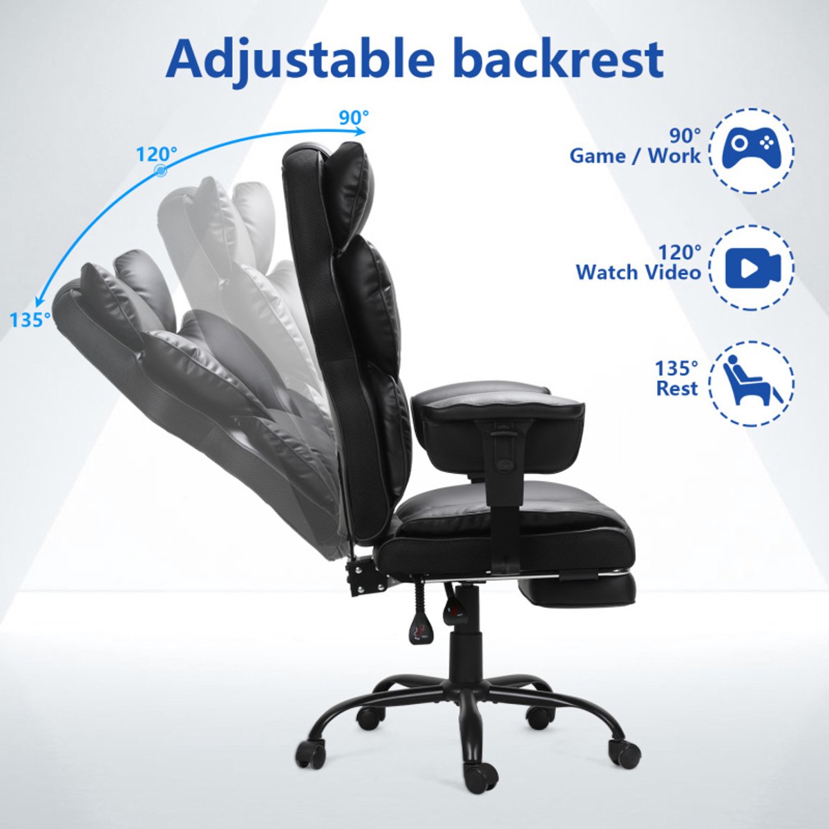 Ergonomische Gamingstoel met Verstelbaar Rugkussen - Zwart - afbeelding 2